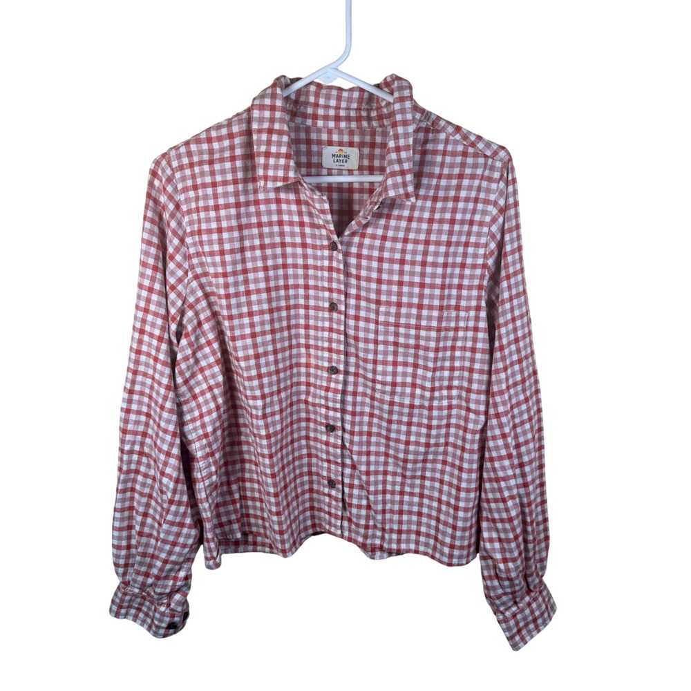 Marine Layer Madeline Relaxed Crop Shirt Womens XL Red Gingham Fall Classic Soft